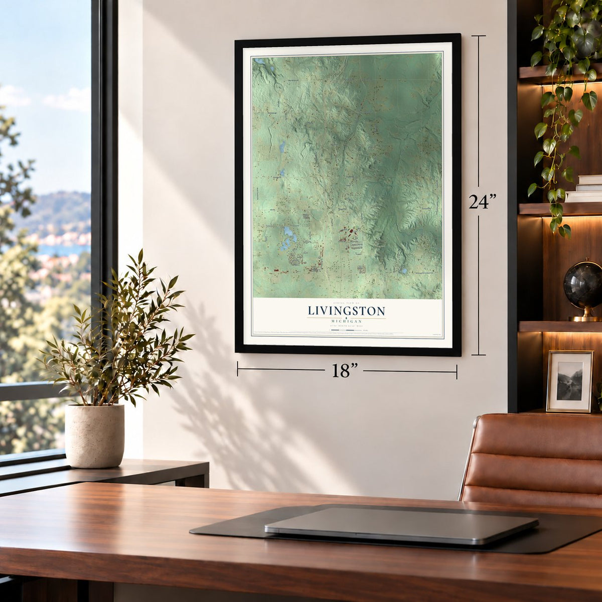 Livingston, Michigan map, 18 x 24 inch print in a black frame in a home office