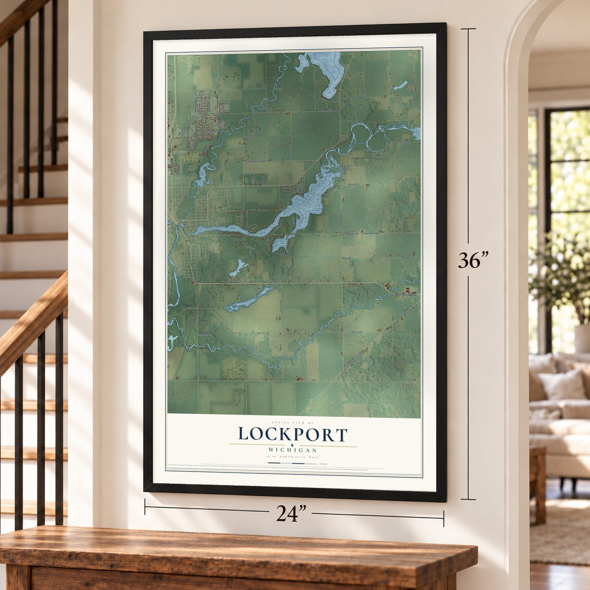 Lockport, Michigan map, 24 x 36 inch print in a black frame by a staircase