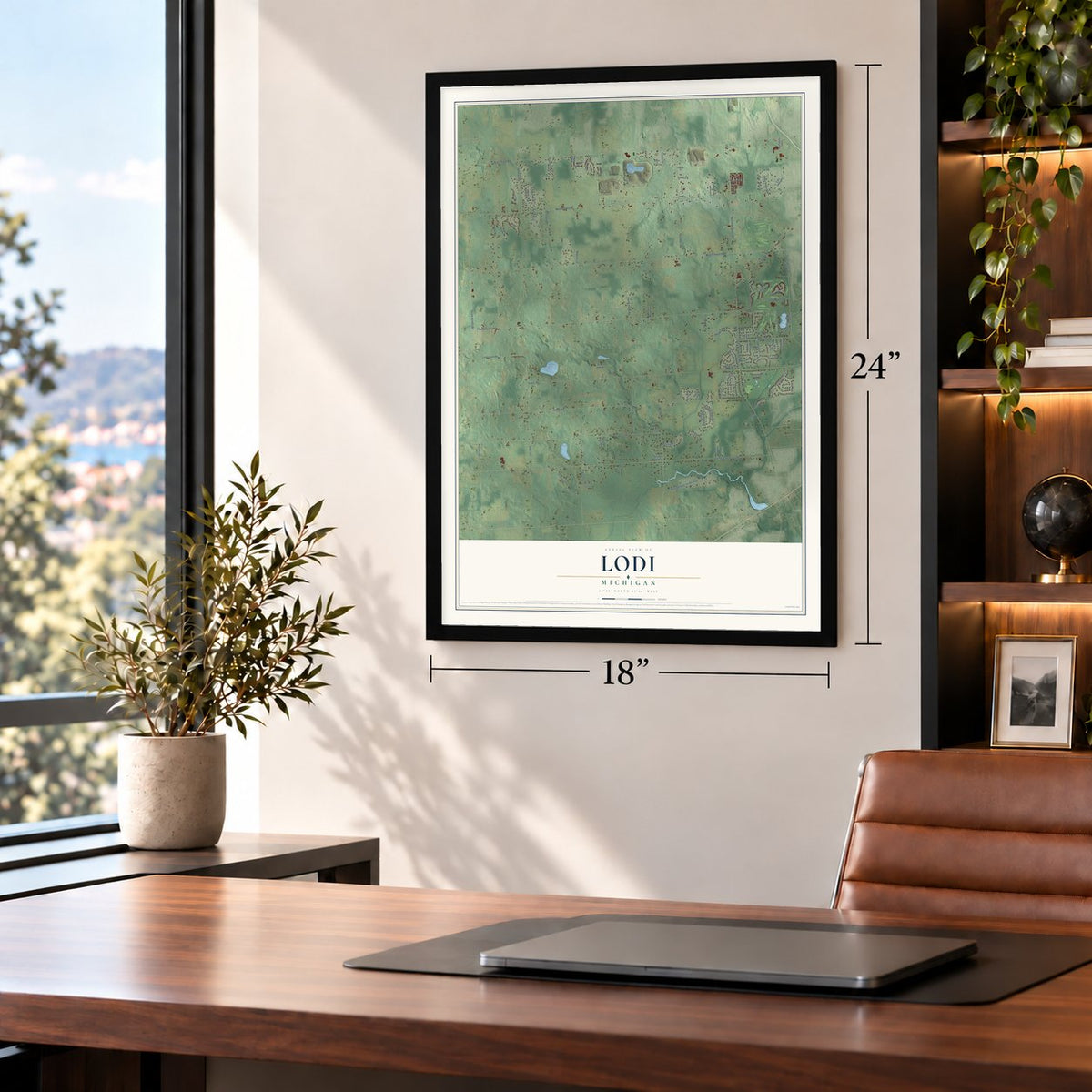 Lodi, Michigan map, 18 x 24 inch print in a black frame in a home office
