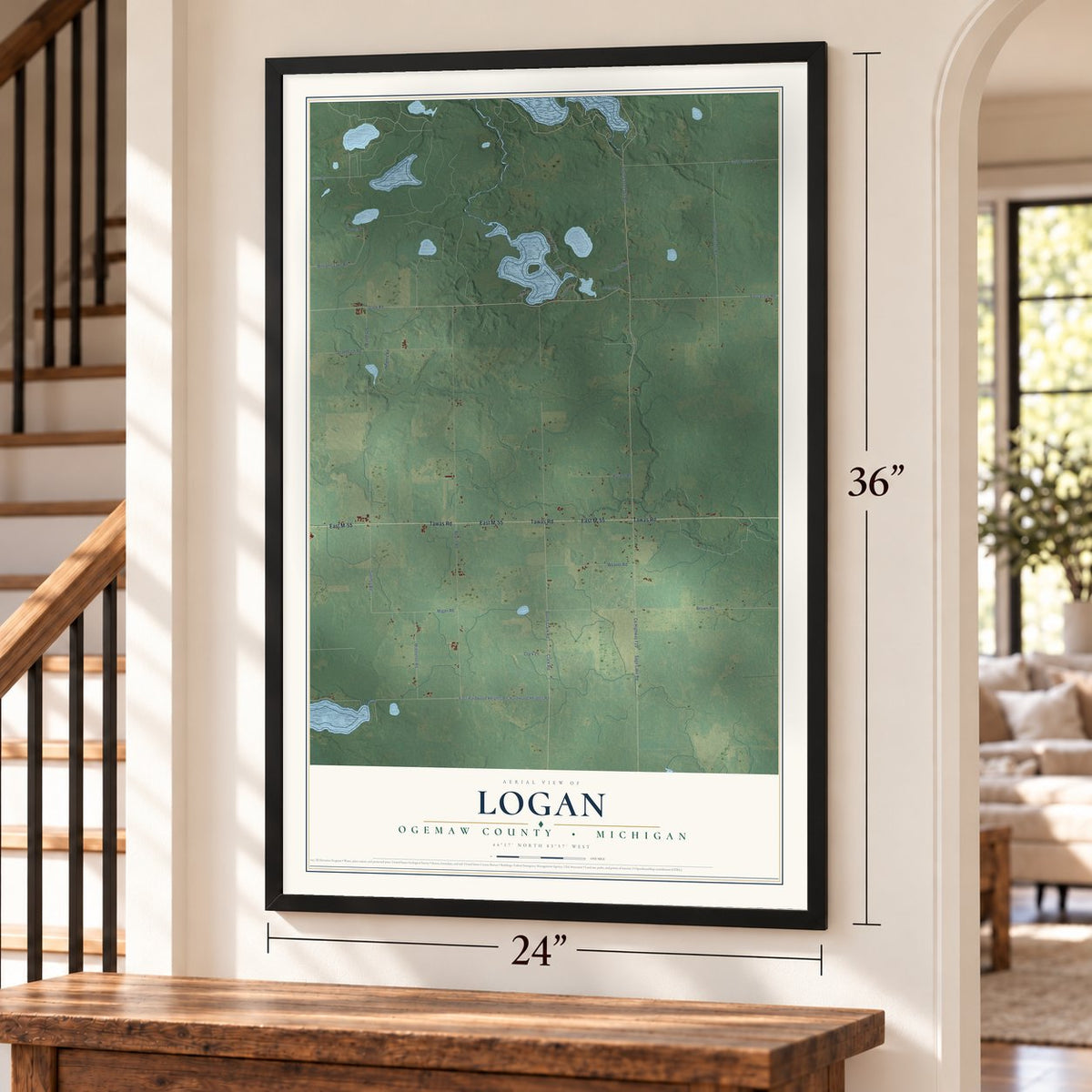 Logan, Ogemaw County, Michigan map, 24 x 36 inch print in a black frame by a staircase