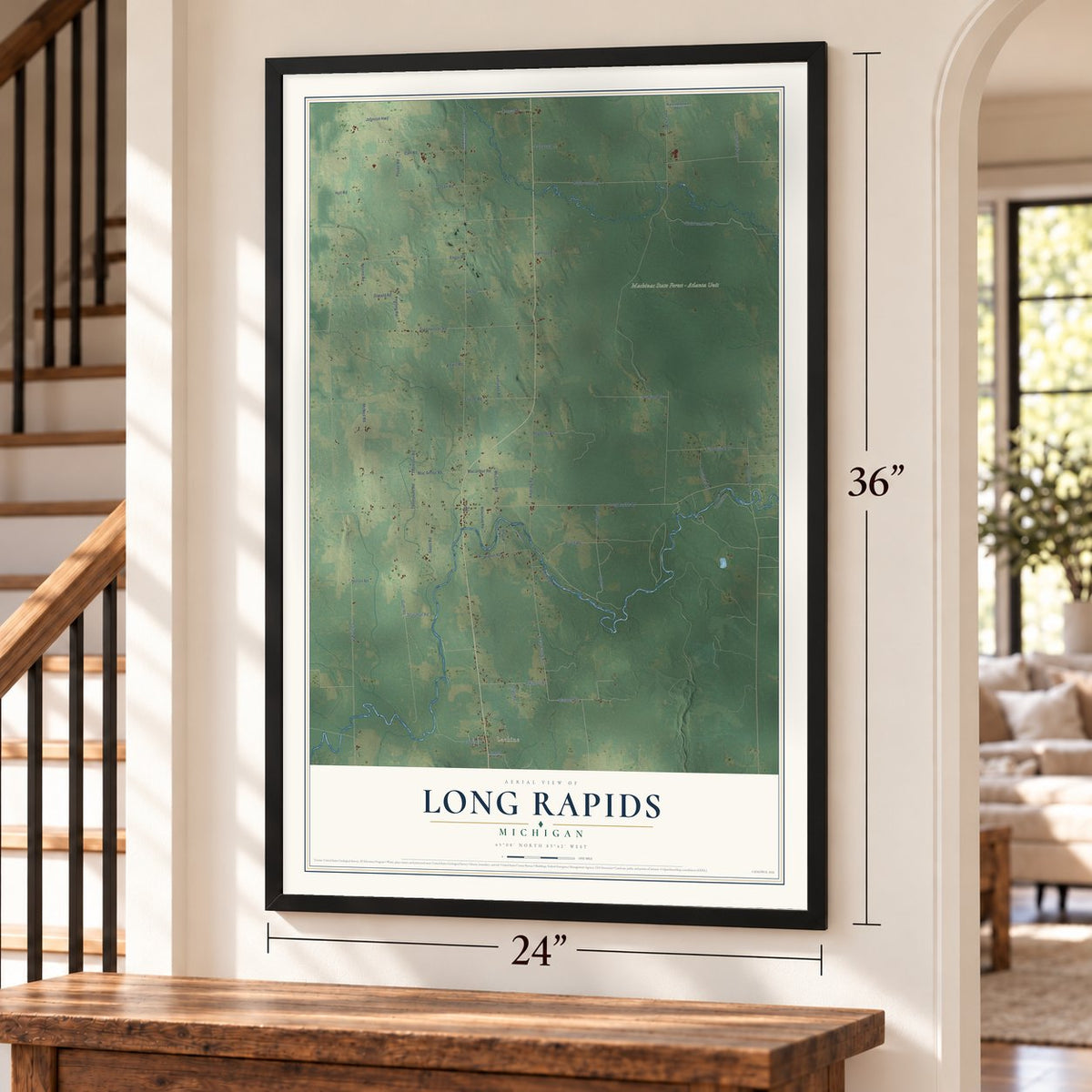 Long Rapids, Michigan map, 24 x 36 inch print in a black frame by a staircase