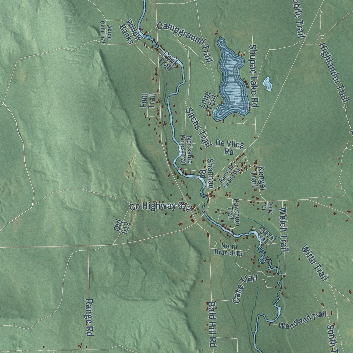 Close-up of the map of Lovells, Michigan print showing street and building detail