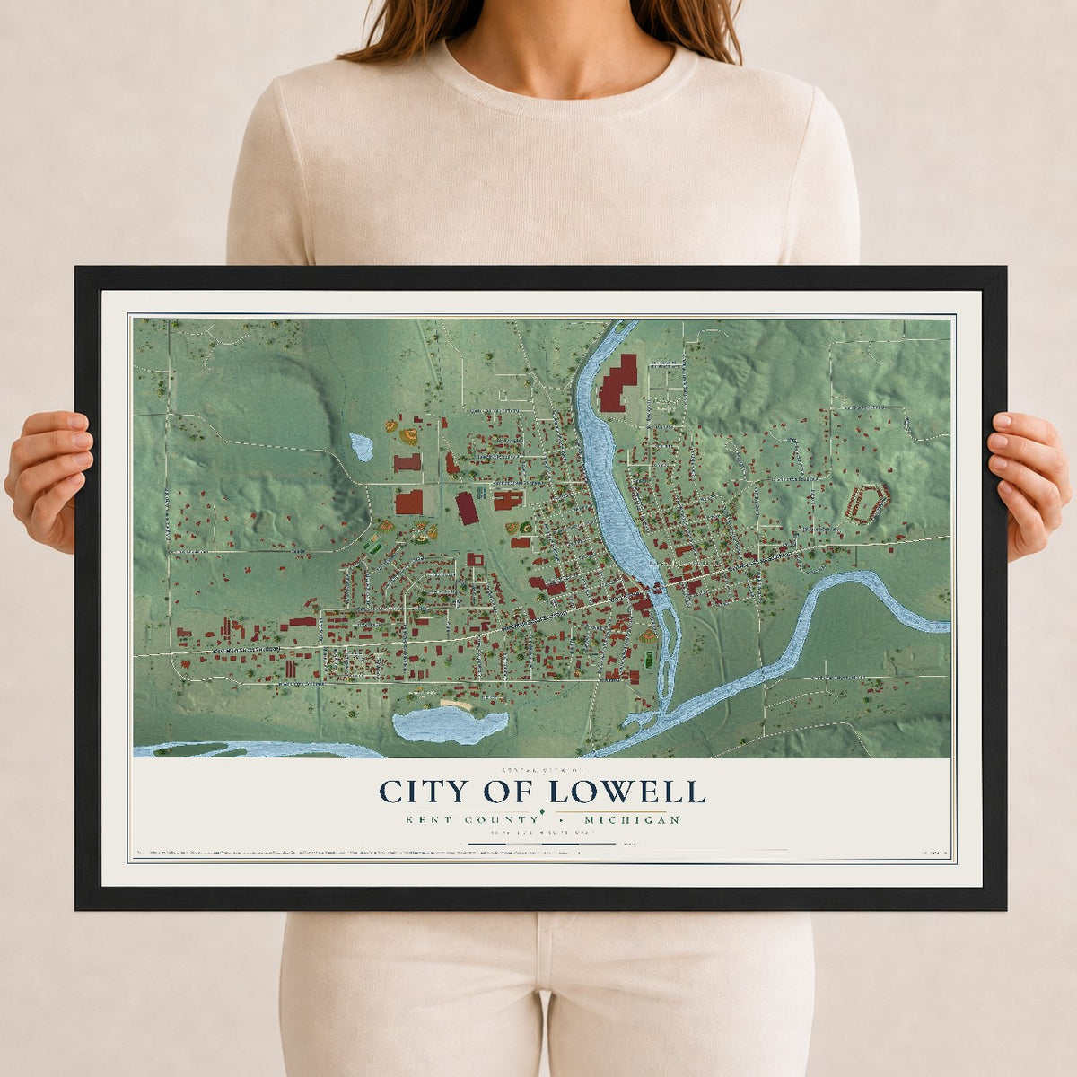 Map of Lowell, Michigan, 12 x 18 inch print in a black wood frame