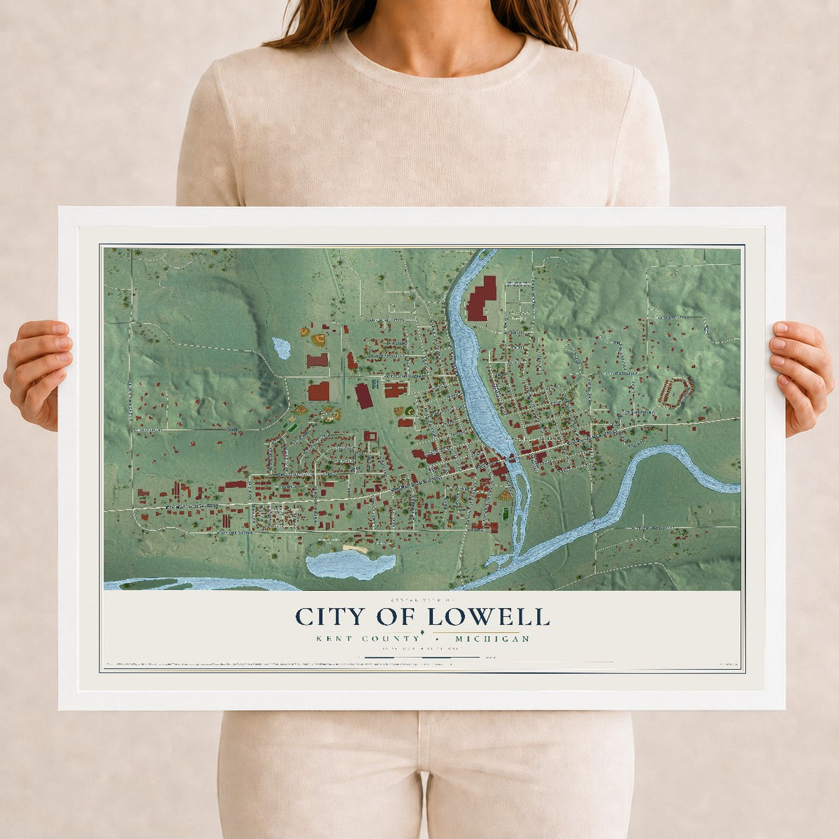 Map of Lowell, Michigan, 12 x 18 inch print in a white wood frame