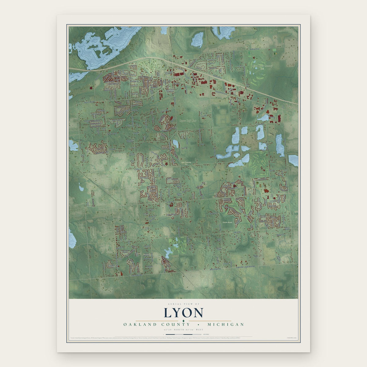 Lyon, Oakland County, Michigan map print, the full design