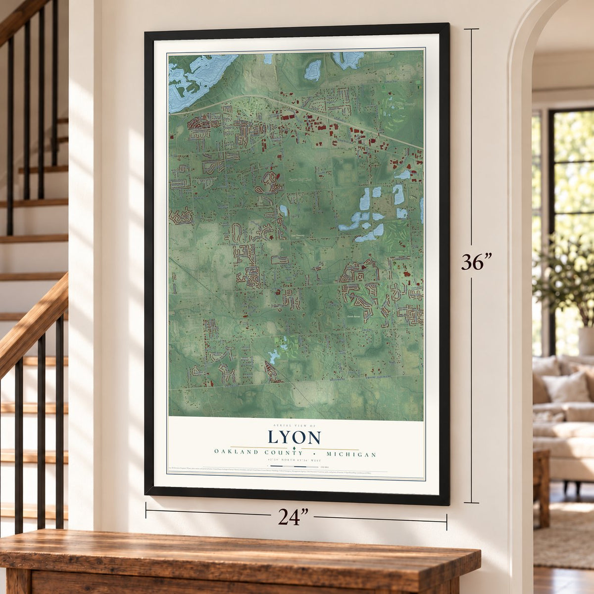 Lyon, Oakland County, Michigan map, 24 x 36 inch print in a black frame by a staircase
