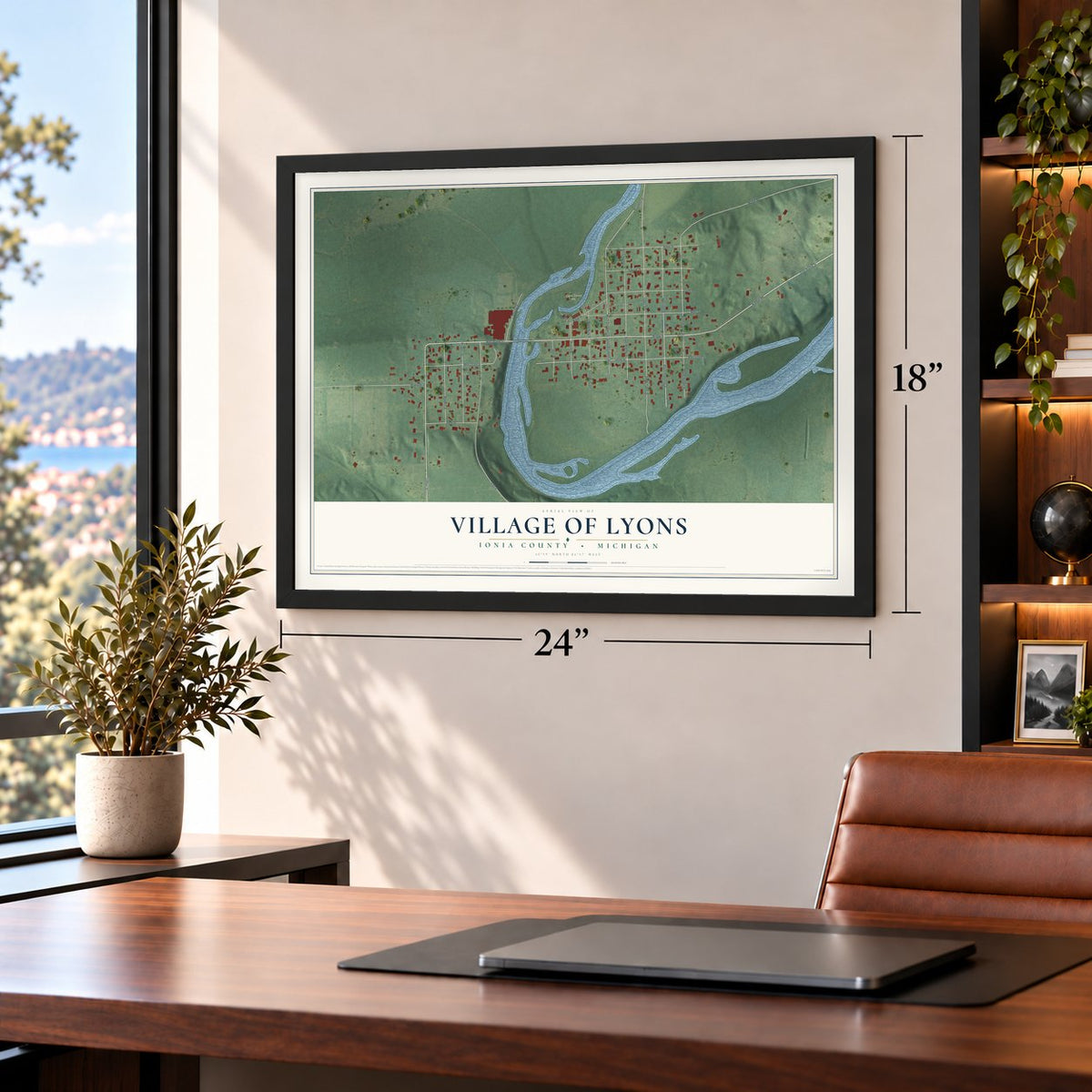 Lyons, Michigan map, 18 x 24 inch print in a black frame in a home office