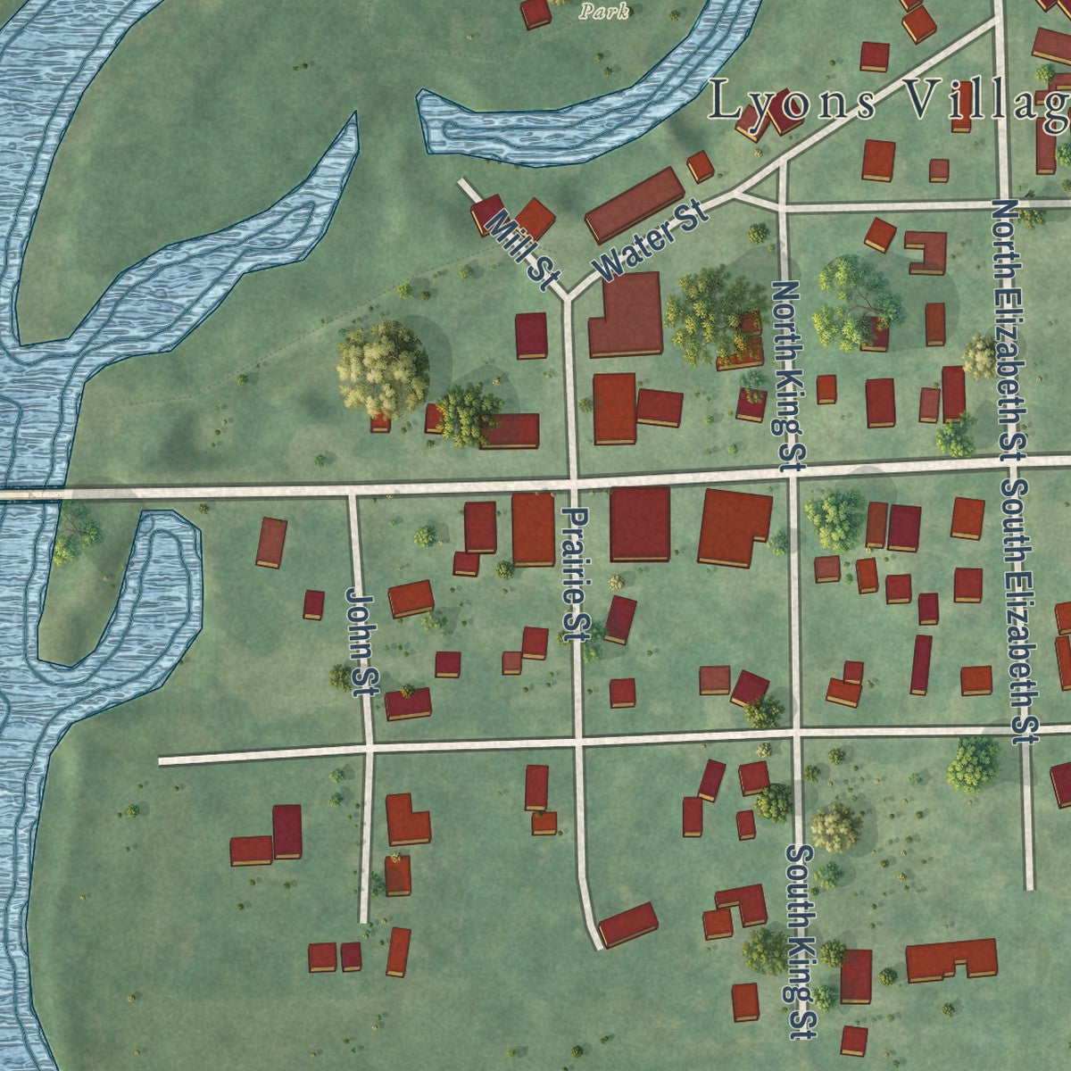 Close-up of the map of Lyons, Michigan print showing street and building detail