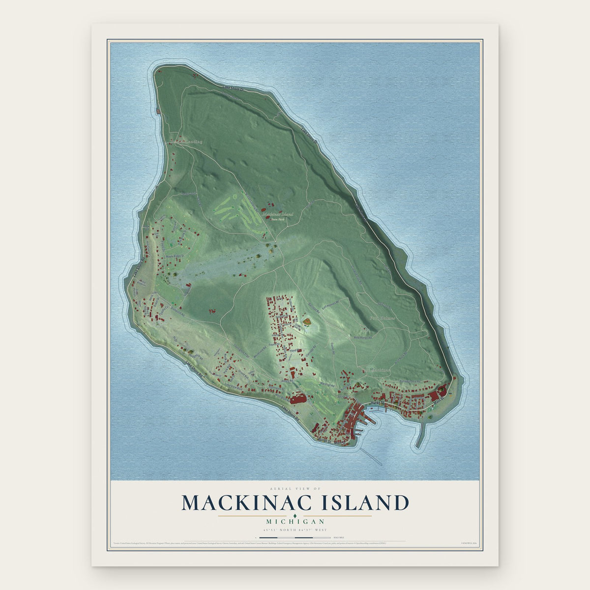 Mackinac Island, Michigan map print, the full design