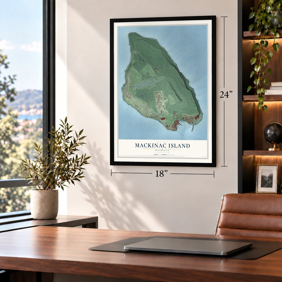 Mackinac Island, Michigan map, 18 x 24 inch print in a black frame in a home office