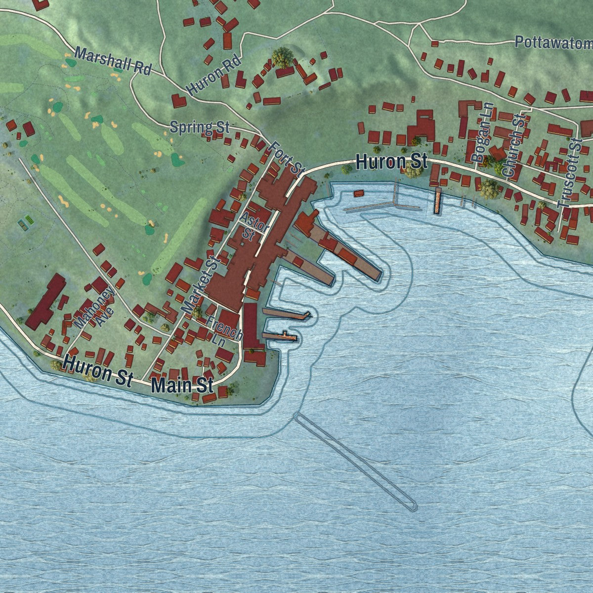 Close-up of the map of Mackinac Island, Michigan print showing street and building detail