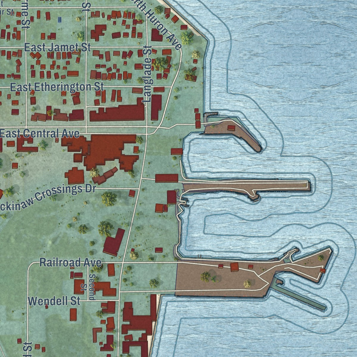 Close-up of the map of Mackinaw City, Michigan print showing street and building detail