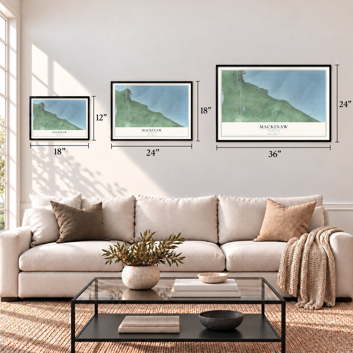 Mackinaw, Michigan map in 12 x 18, 18 x 24 and 24 x 36 inch sizes above a sofa