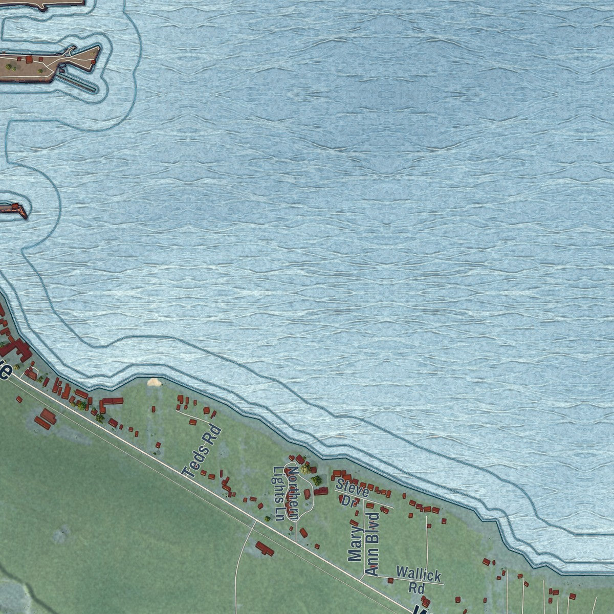 Close-up of the map of Mackinaw, Michigan print showing street and building detail