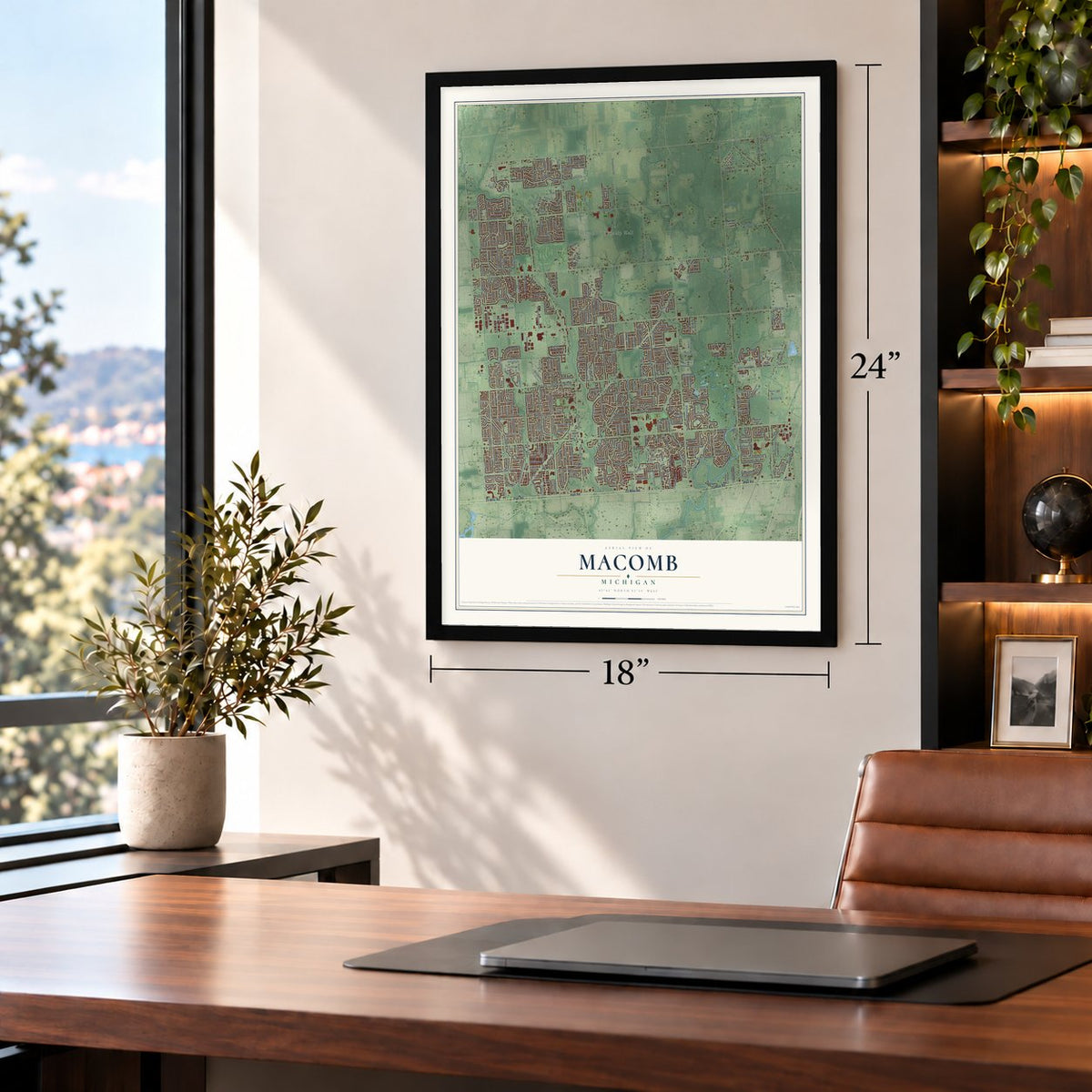 Macomb, Michigan map, 18 x 24 inch print in a black frame in a home office