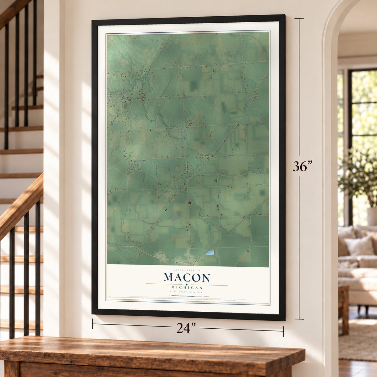 Macon, Michigan map, 24 x 36 inch print in a black frame by a staircase