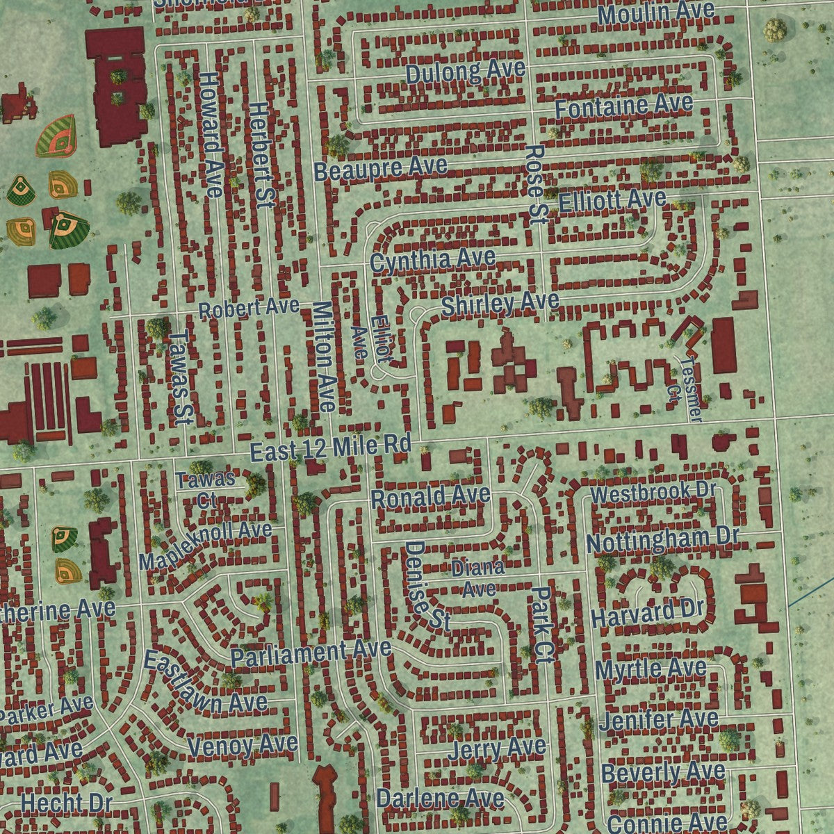 Close-up of the map of Madison Heights, Michigan print showing street and building detail