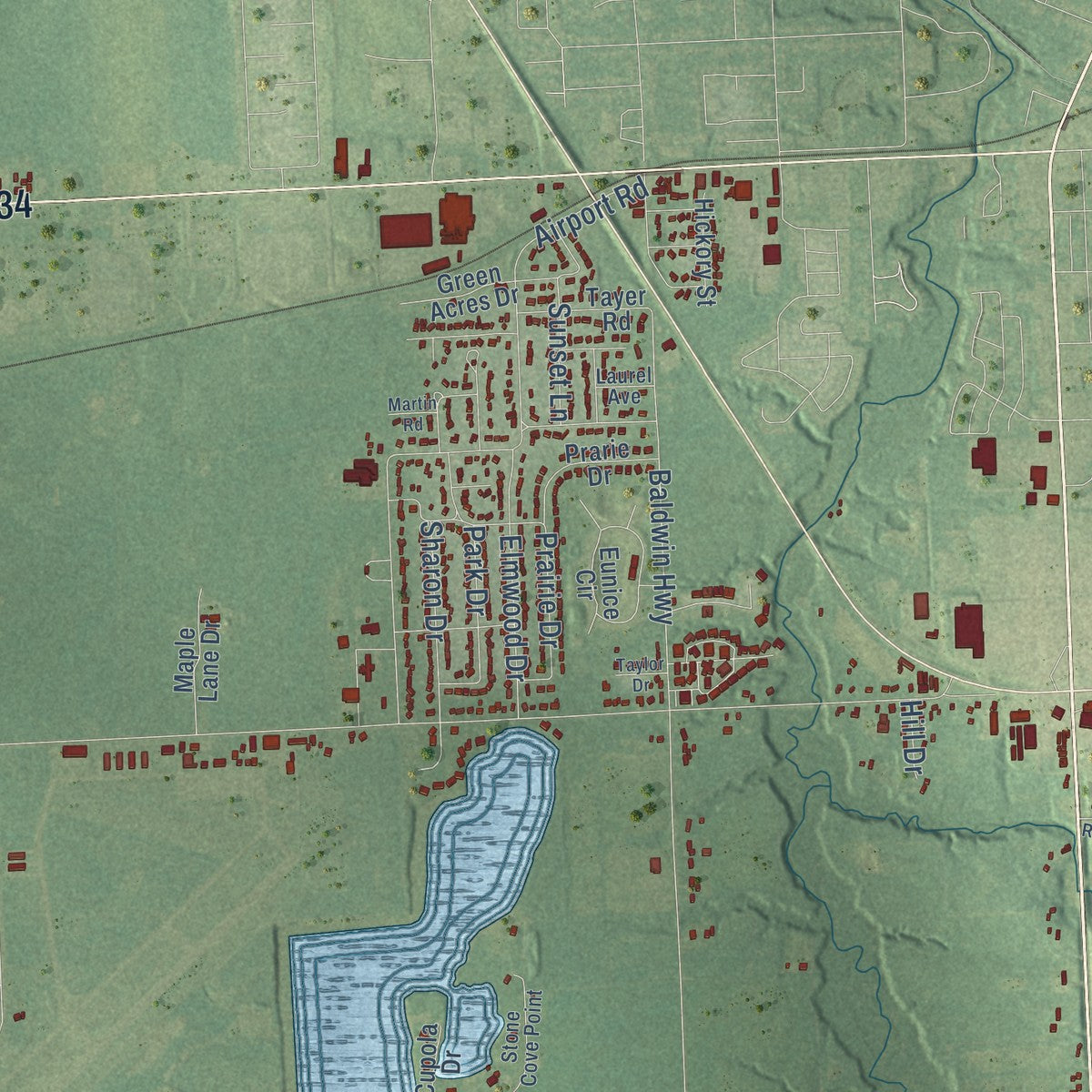 Close-up of the map of Madison, Michigan print showing street and building detail