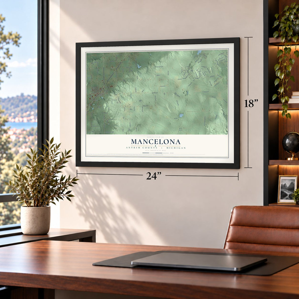 Mancelona, Antrim County, Michigan map, 18 x 24 inch print in a black frame in a home office