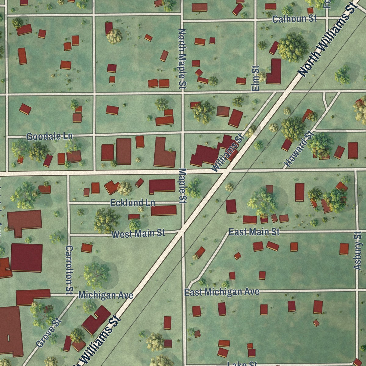 Close-up of the map of Mancelona, Michigan print showing street and building detail