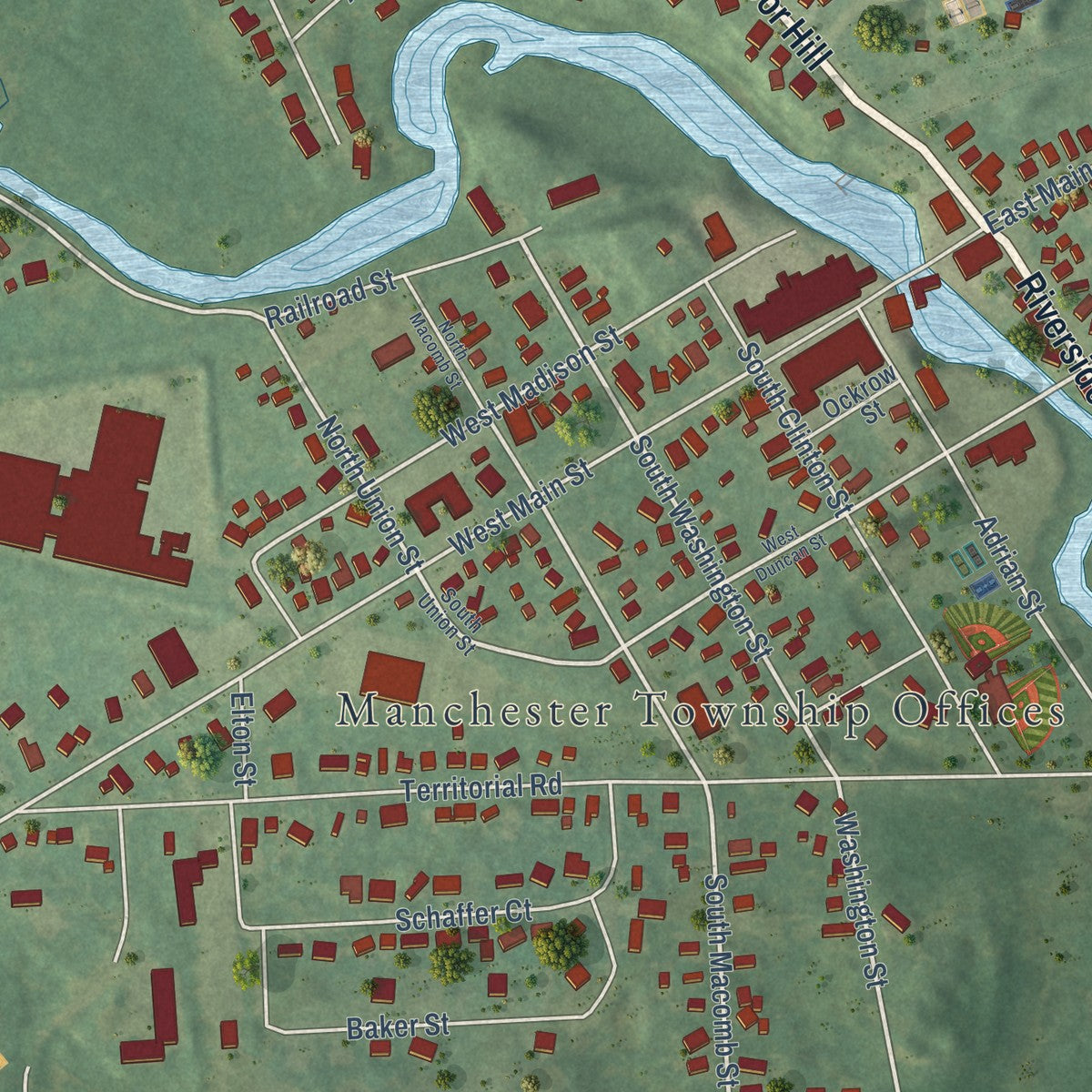 Close-up of the map of Manchester, Michigan print showing street and building detail