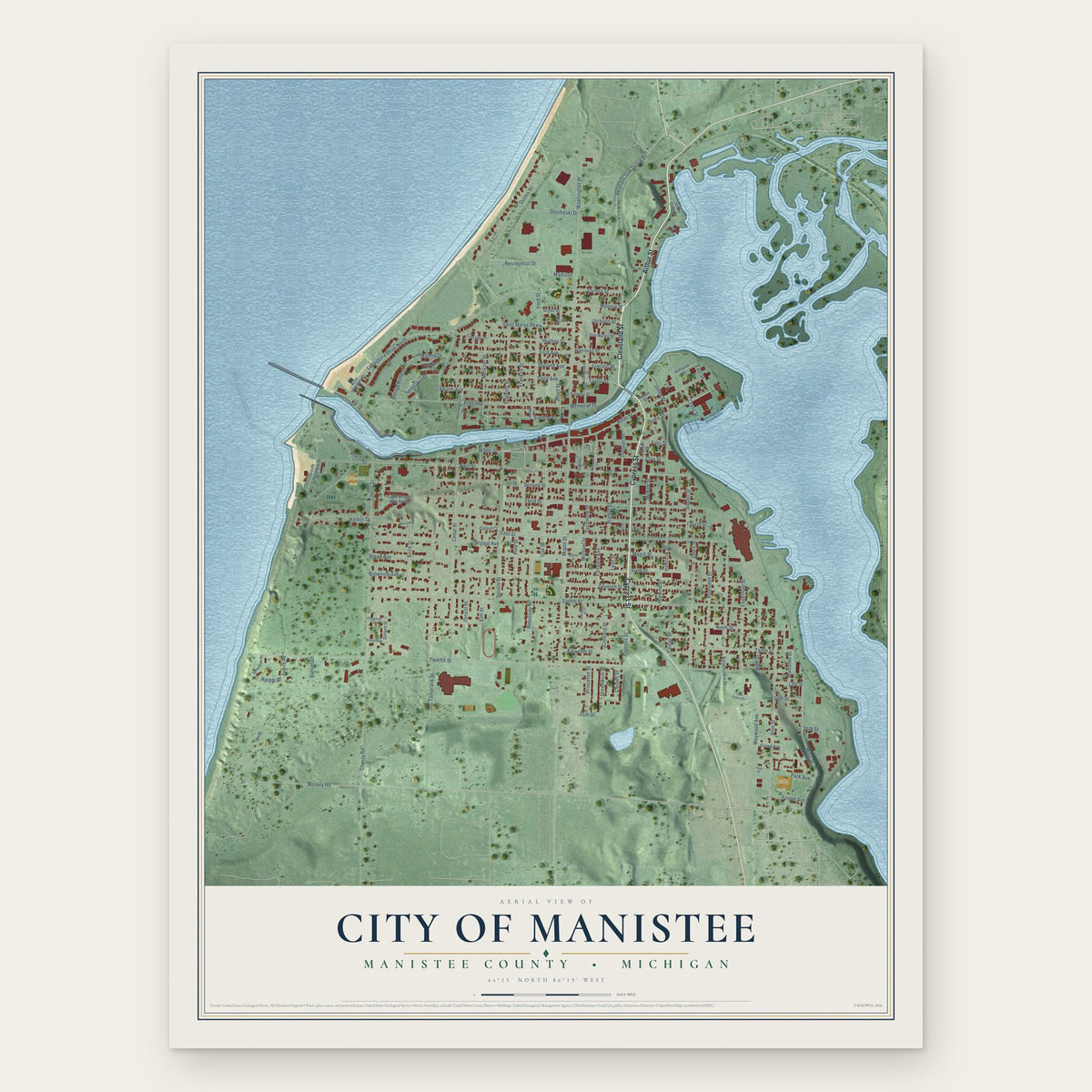 Manistee, Michigan map print, the full design