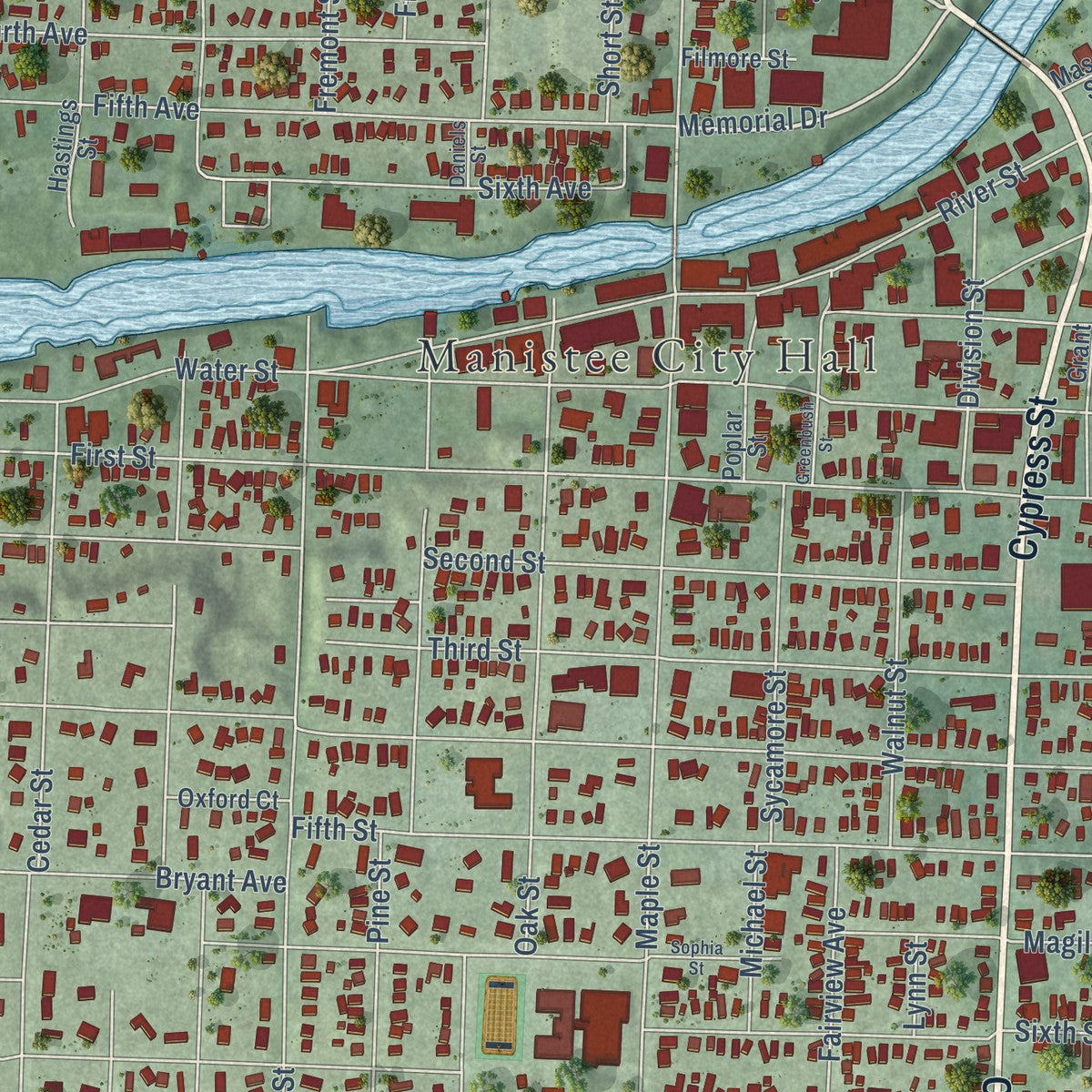 Close-up of the map of Manistee, Michigan print showing street and building detail