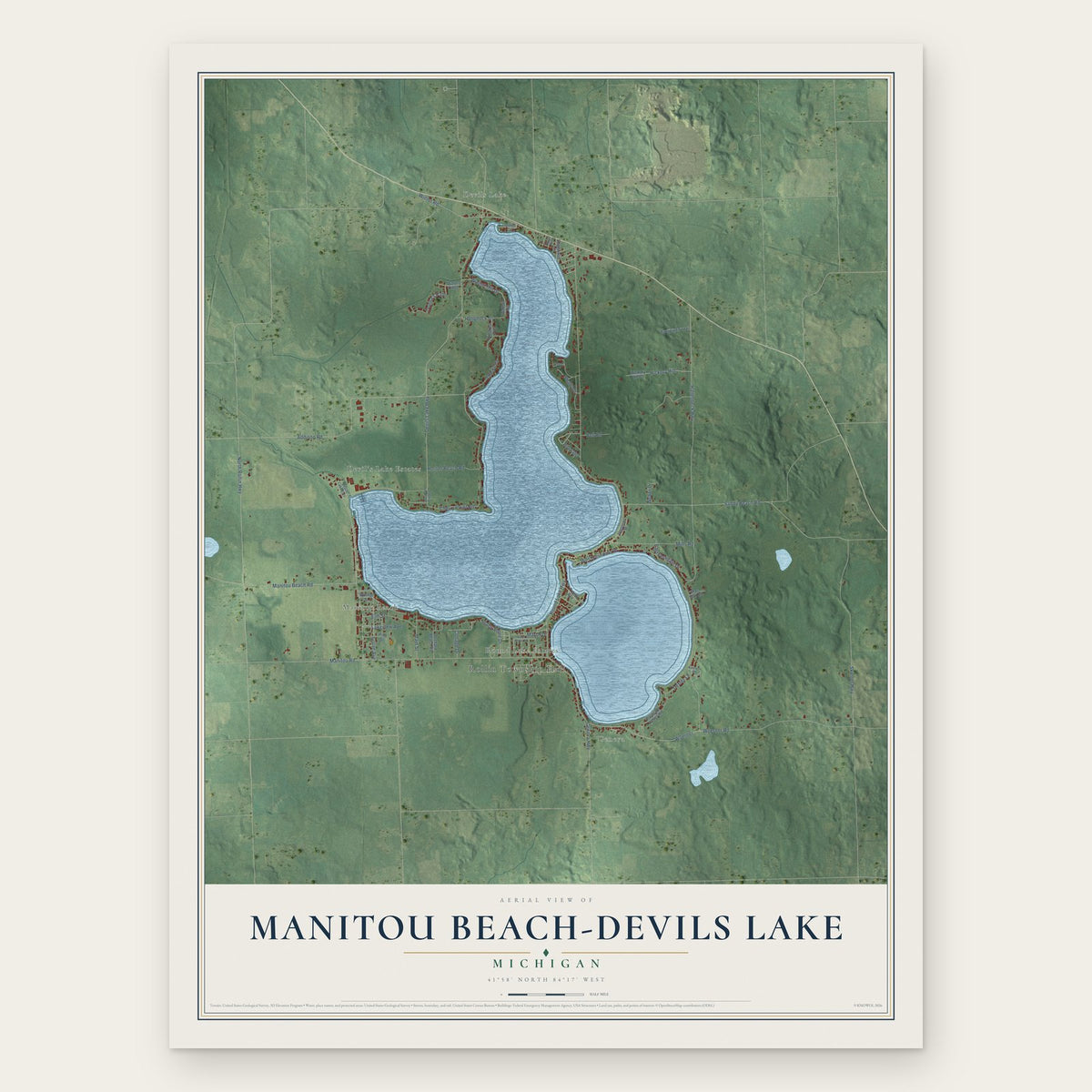 Manitou Beach-Devils Lake, Michigan map print, the full design
