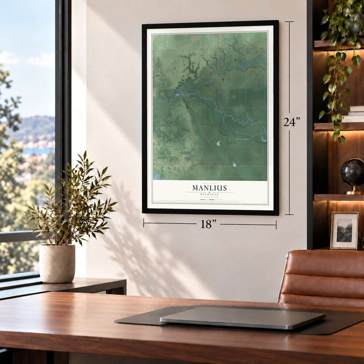 Manlius, Michigan map, 18 x 24 inch print in a black frame in a home office