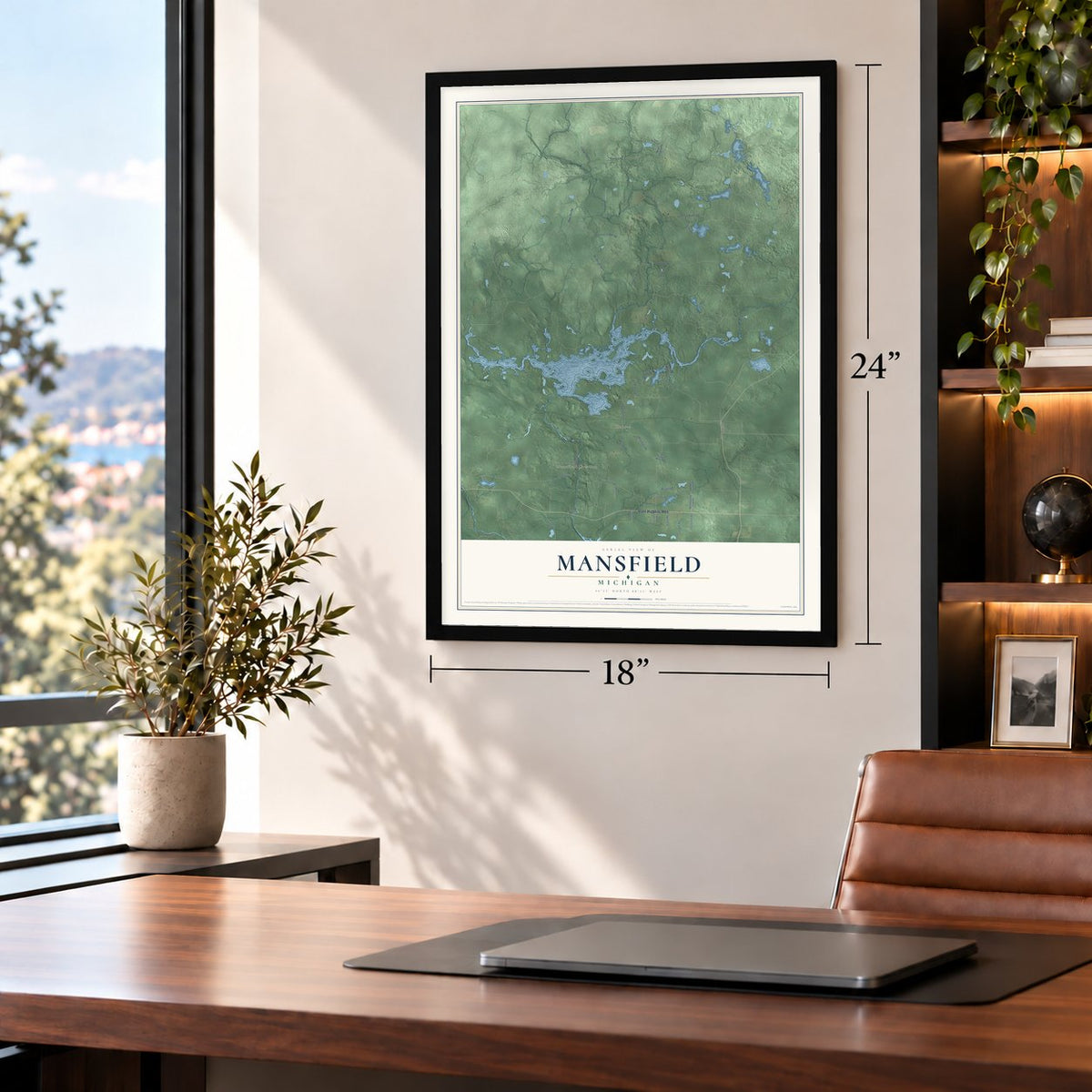 Mansfield, Michigan map, 18 x 24 inch print in a black frame in a home office
