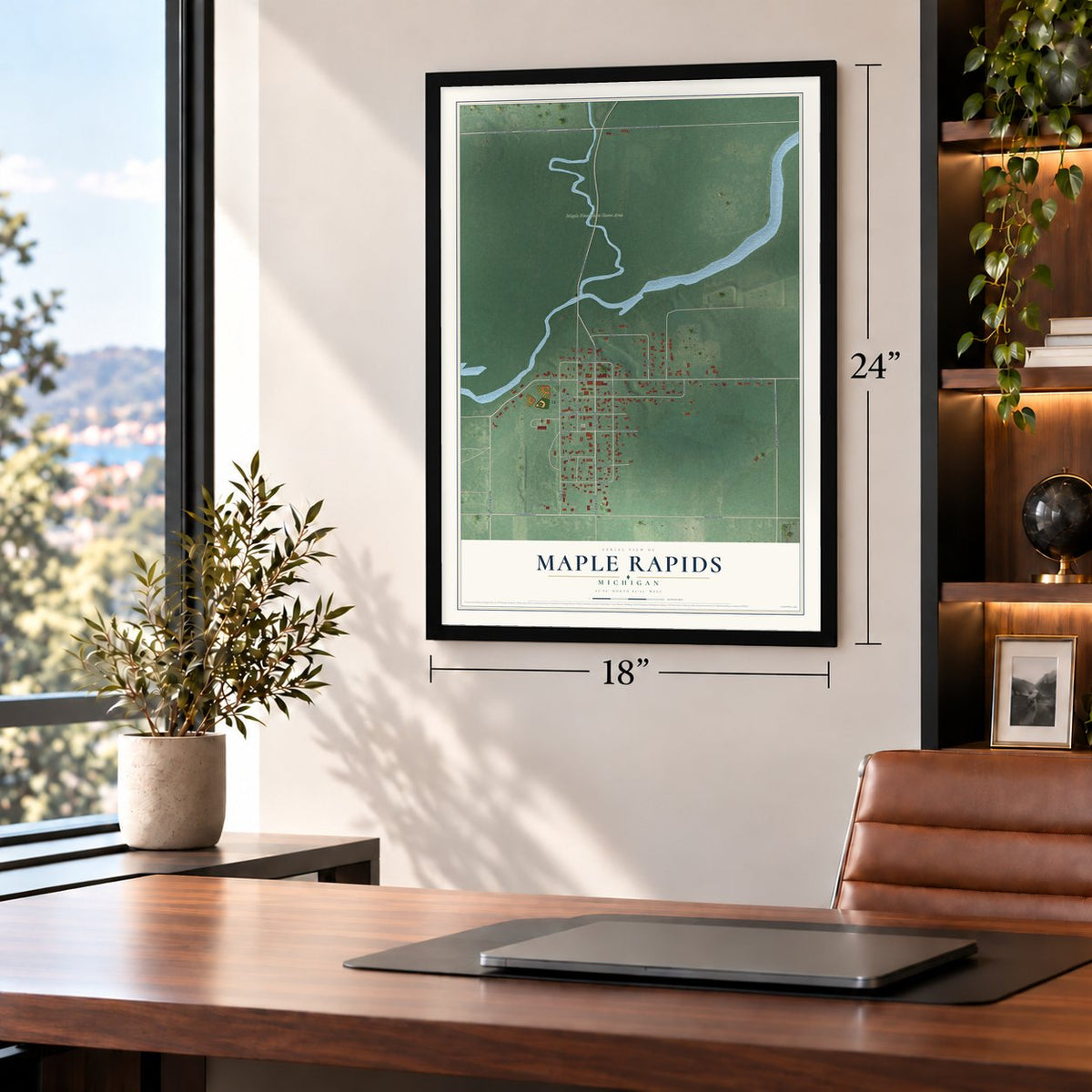 Maple Rapids, Michigan map, 18 x 24 inch print in a black frame in a home office
