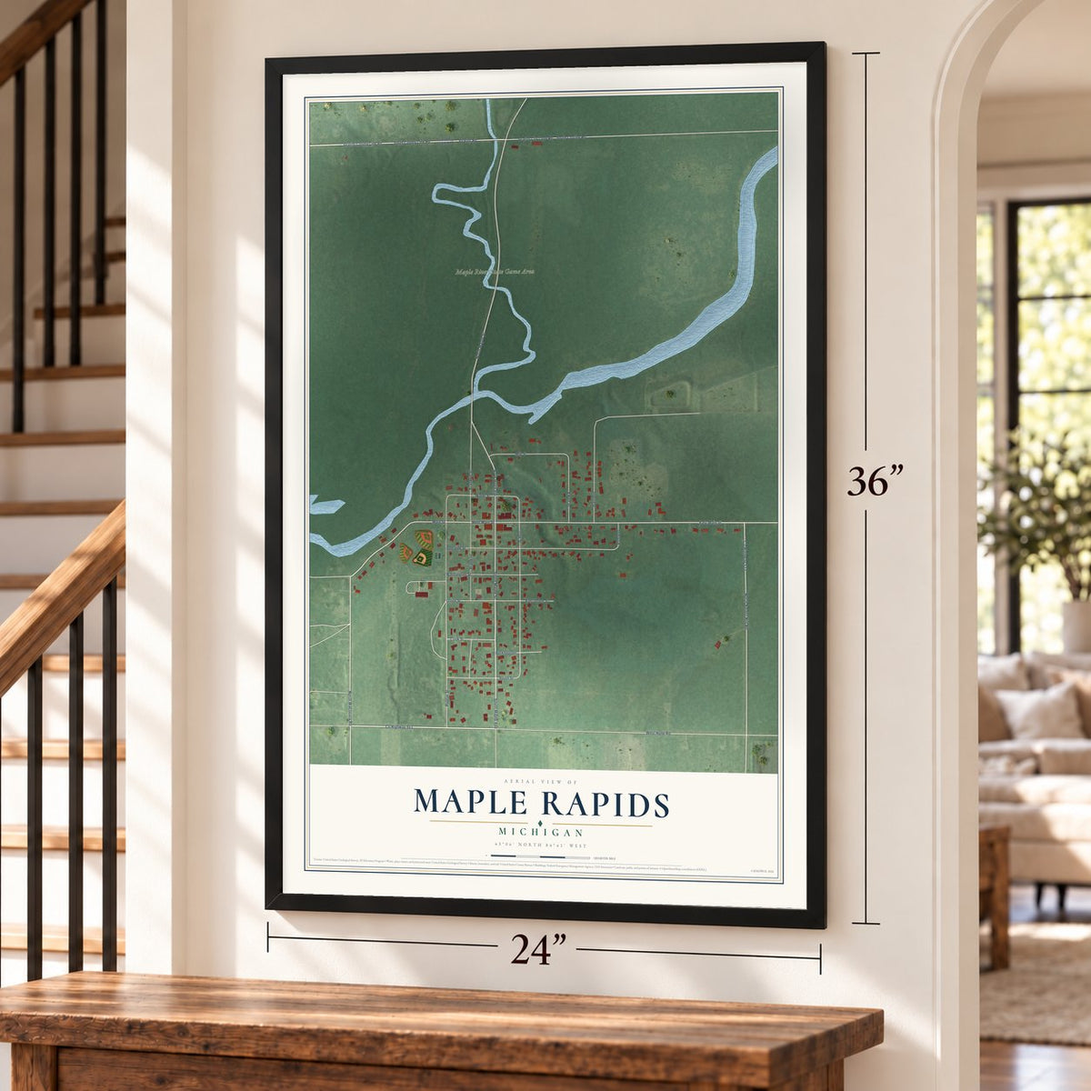 Maple Rapids, Michigan map, 24 x 36 inch print in a black frame by a staircase