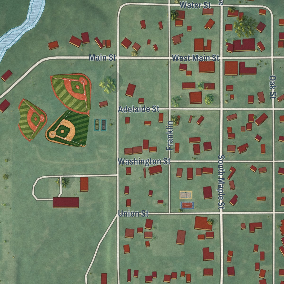 Close-up of the map of Maple Rapids, Michigan print showing street and building detail