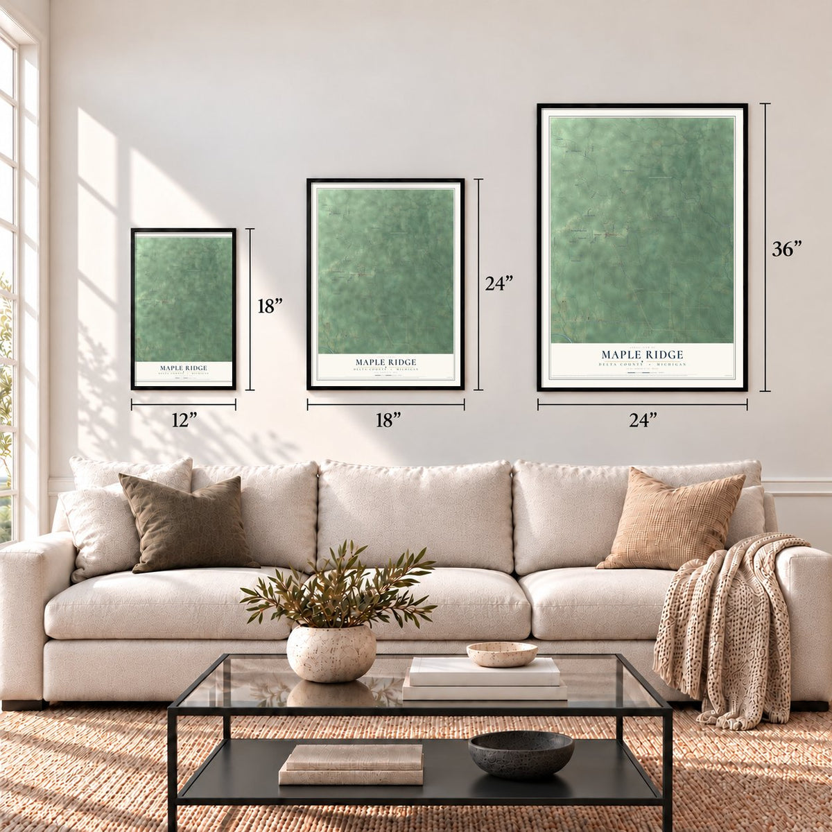 Maple Ridge, Delta County, Michigan map in 12 x 18, 18 x 24 and 24 x 36 inch sizes above a sofa