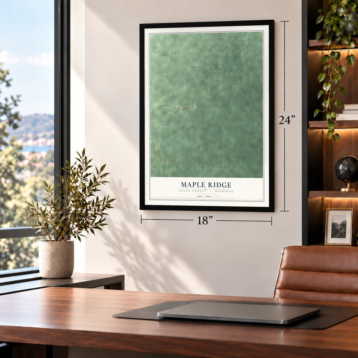 Maple Ridge, Delta County, Michigan map, 18 x 24 inch print in a black frame in a home office