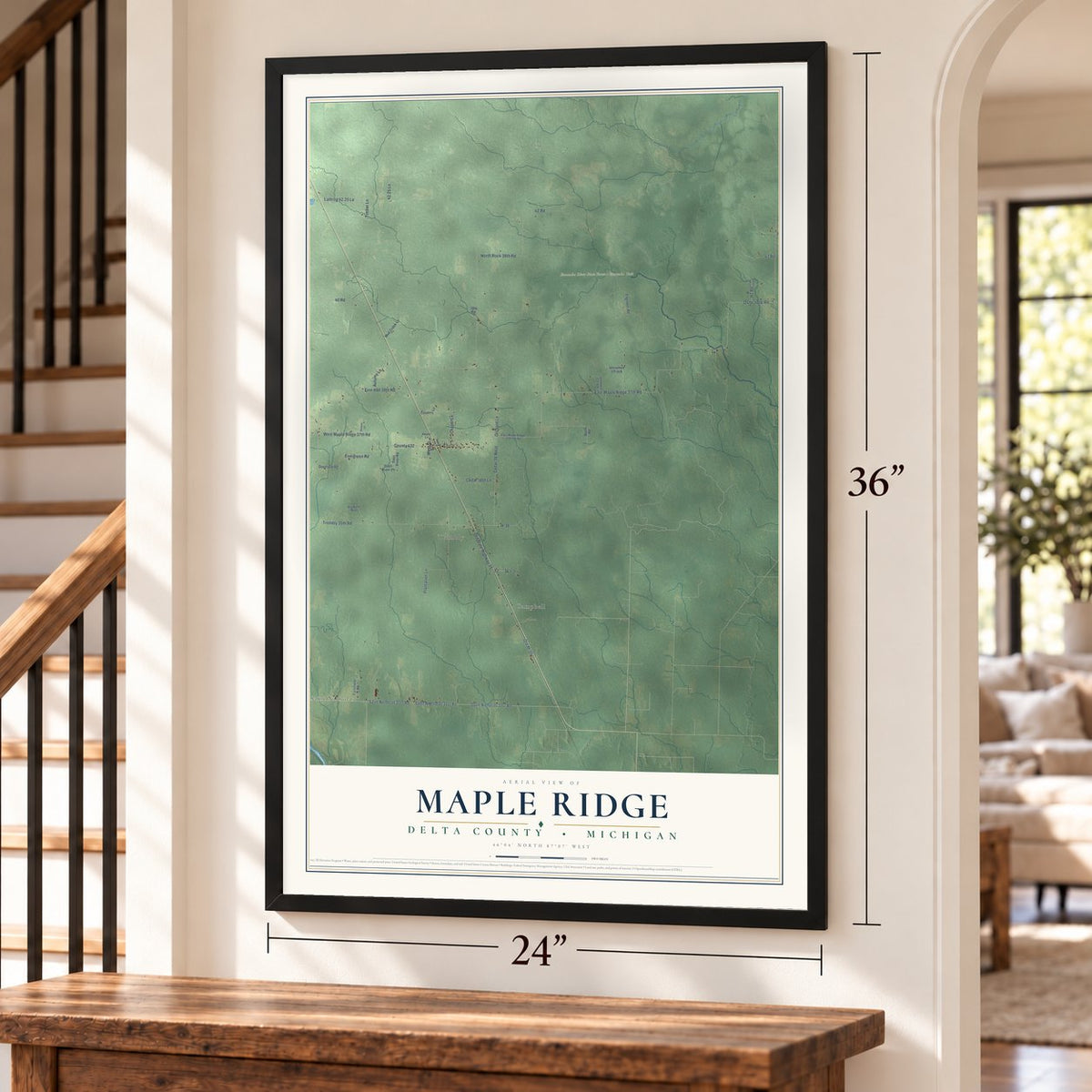 Maple Ridge, Delta County, Michigan map, 24 x 36 inch print in a black frame by a staircase