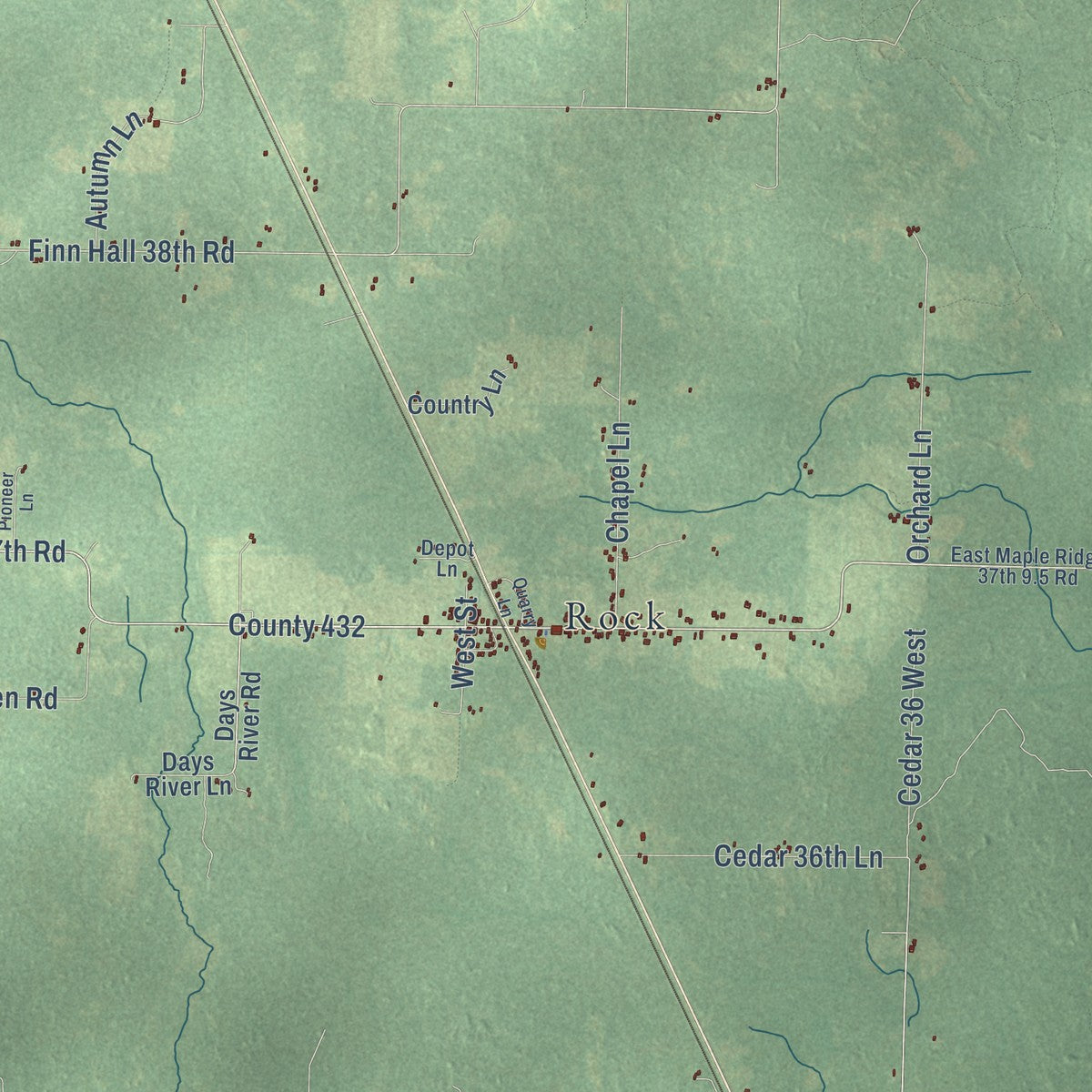 Close-up of the map of Maple Ridge, Delta County, Michigan print showing street and building detail