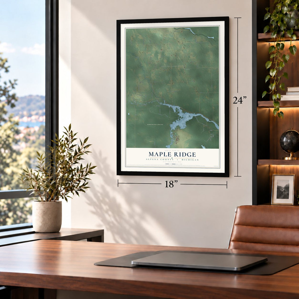 Maple Ridge, Alpena County, Michigan map, 18 x 24 inch print in a black frame in a home office