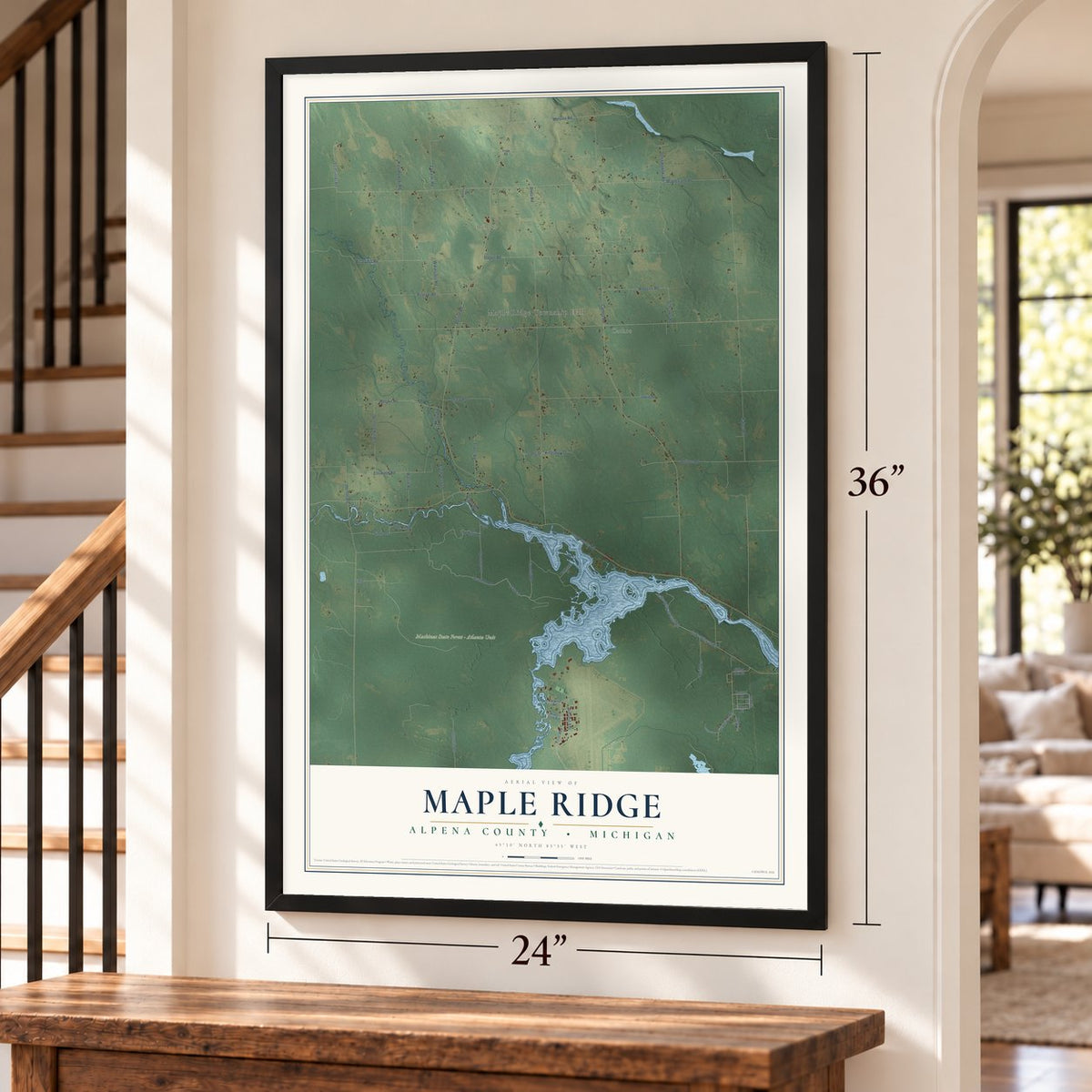 Maple Ridge, Alpena County, Michigan map, 24 x 36 inch print in a black frame by a staircase
