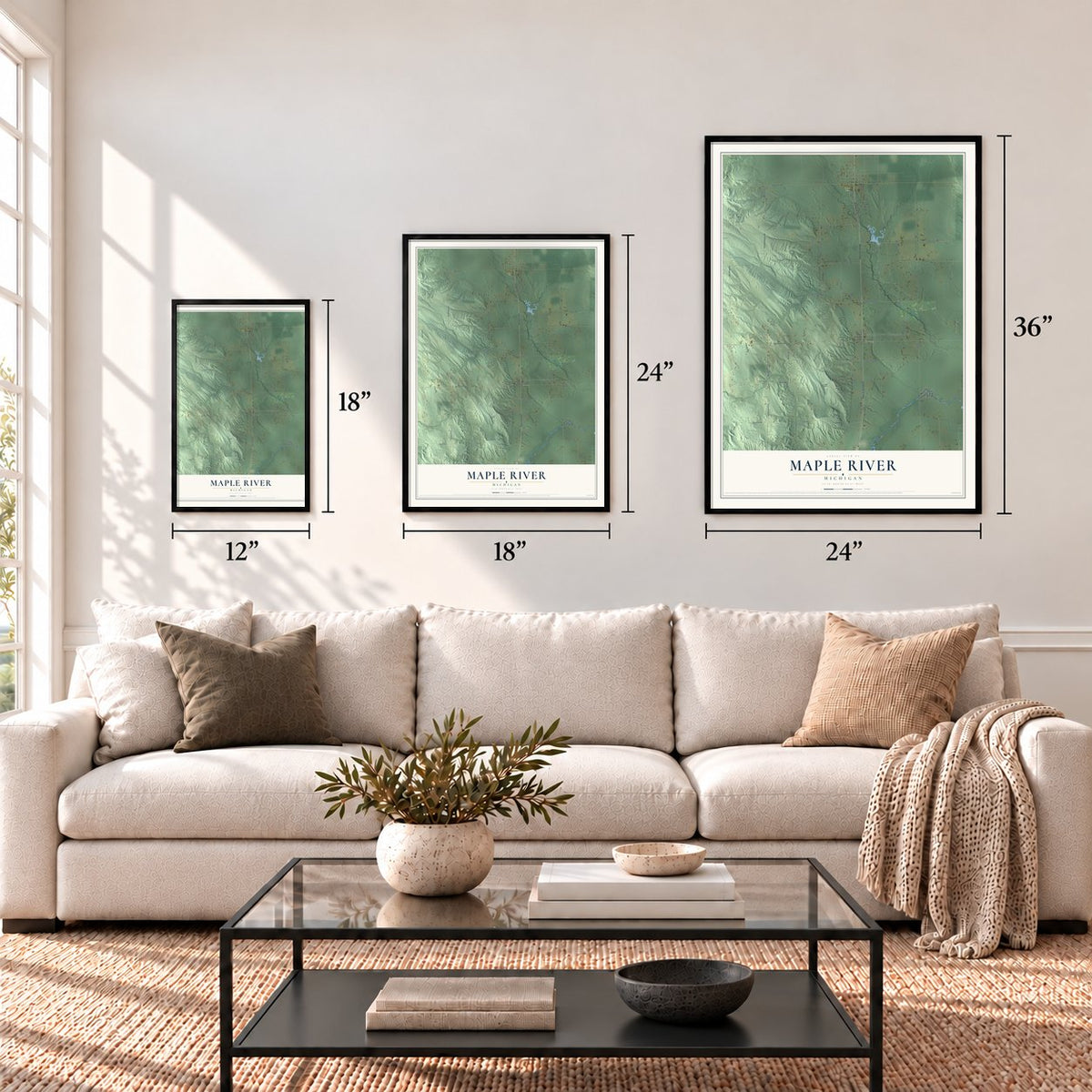 Maple River, Michigan map in 12 x 18, 18 x 24 and 24 x 36 inch sizes above a sofa