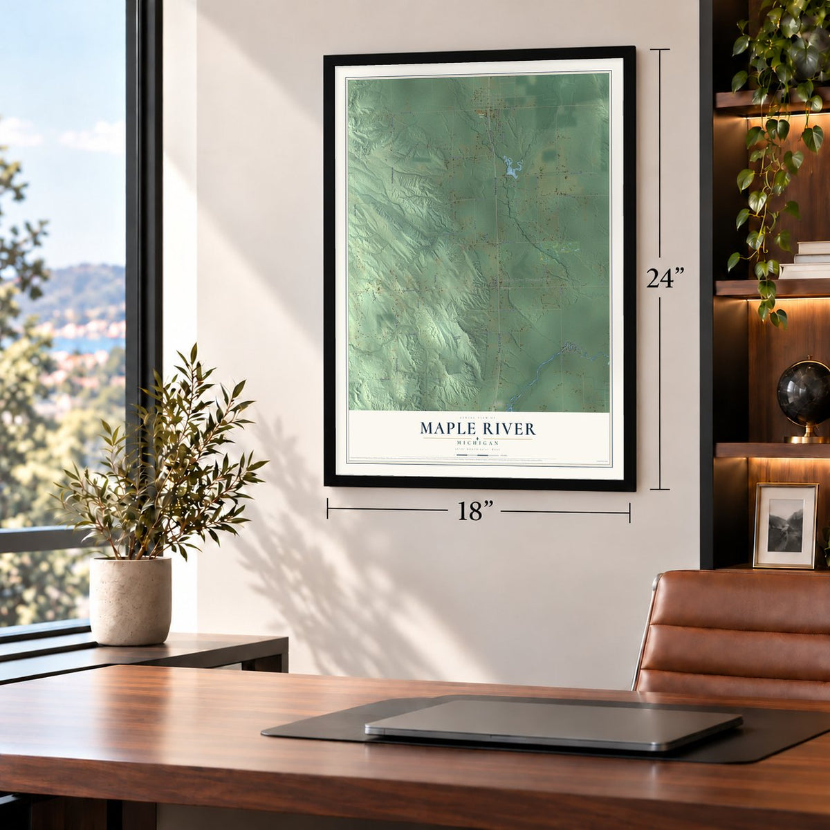 Maple River, Michigan map, 18 x 24 inch print in a black frame in a home office