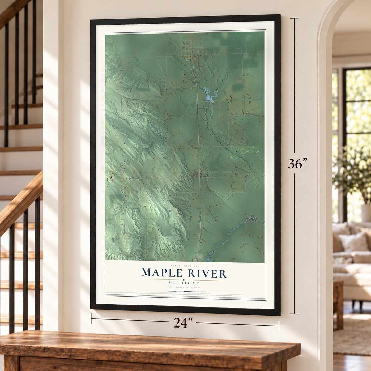 Maple River, Michigan map, 24 x 36 inch print in a black frame by a staircase