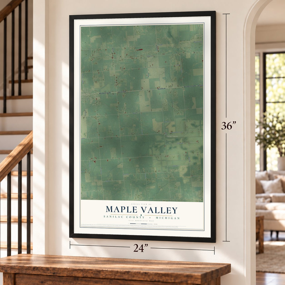 Maple Valley, Sanilac County, Michigan map, 24 x 36 inch print in a black frame by a staircase