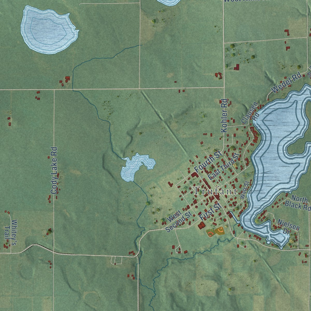 Close-up of the map of Maple Valley, Montcalm County, Michigan print showing street and building detail