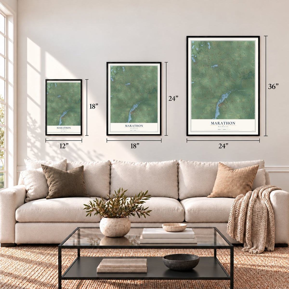 Marathon, Michigan map in 12 x 18, 18 x 24 and 24 x 36 inch sizes above a sofa
