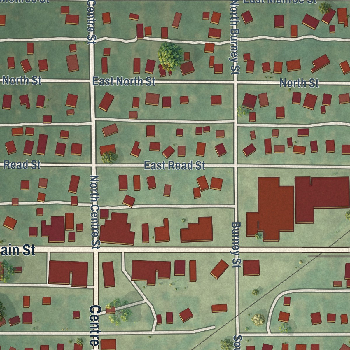 Close-up of the map of Marcellus, Michigan print showing street and building detail