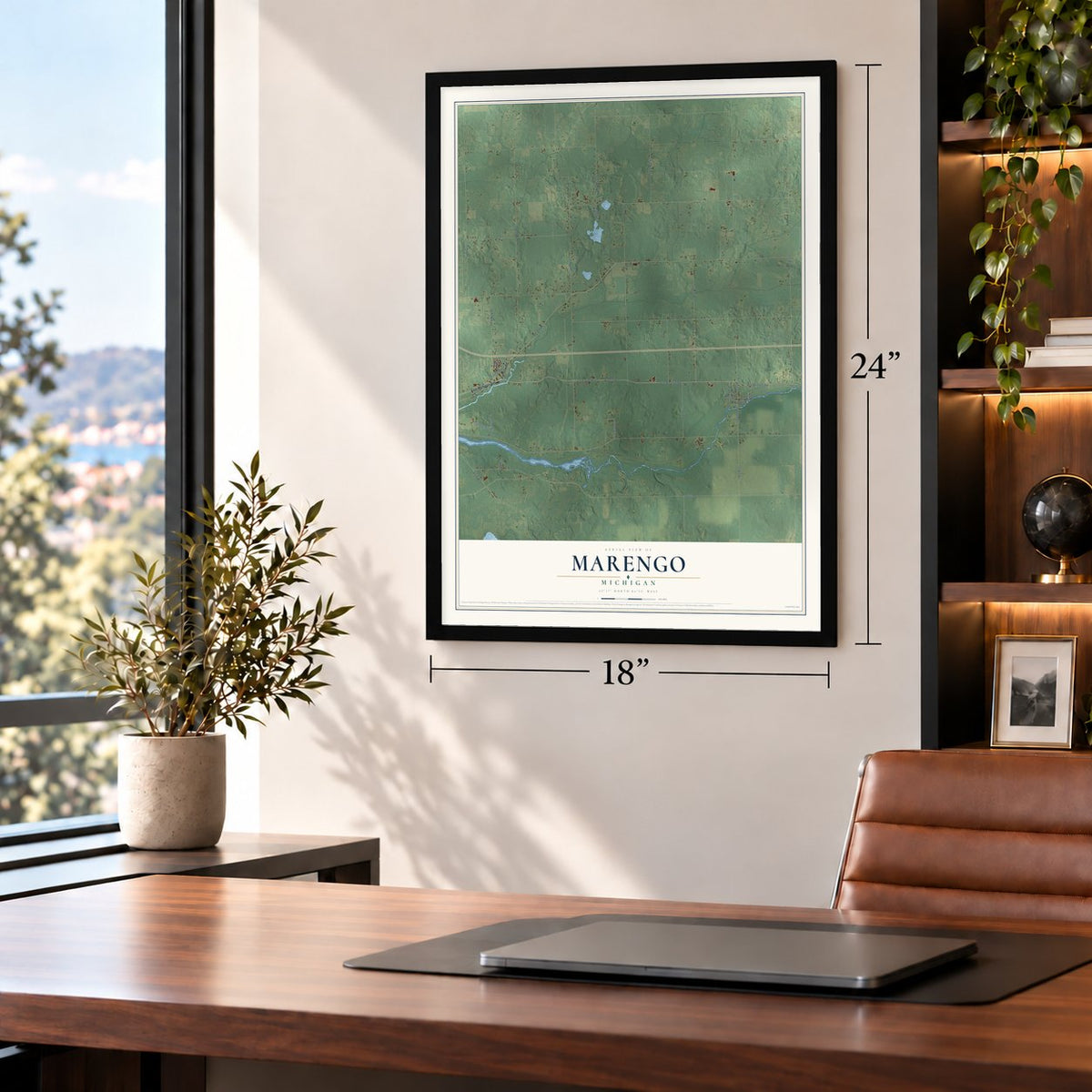 Marengo, Michigan map, 18 x 24 inch print in a black frame in a home office