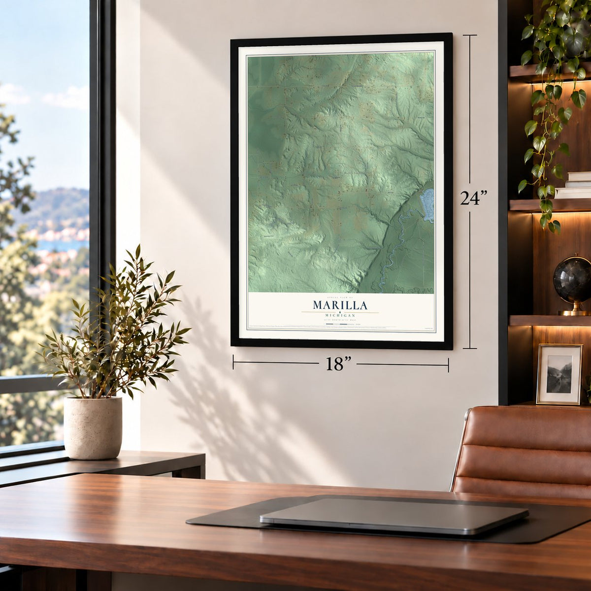 Marilla, Michigan map, 18 x 24 inch print in a black frame in a home office