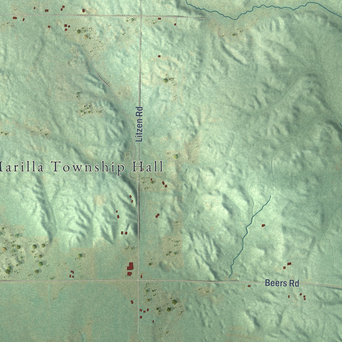 Close-up of the map of Marilla, Michigan print showing street and building detail