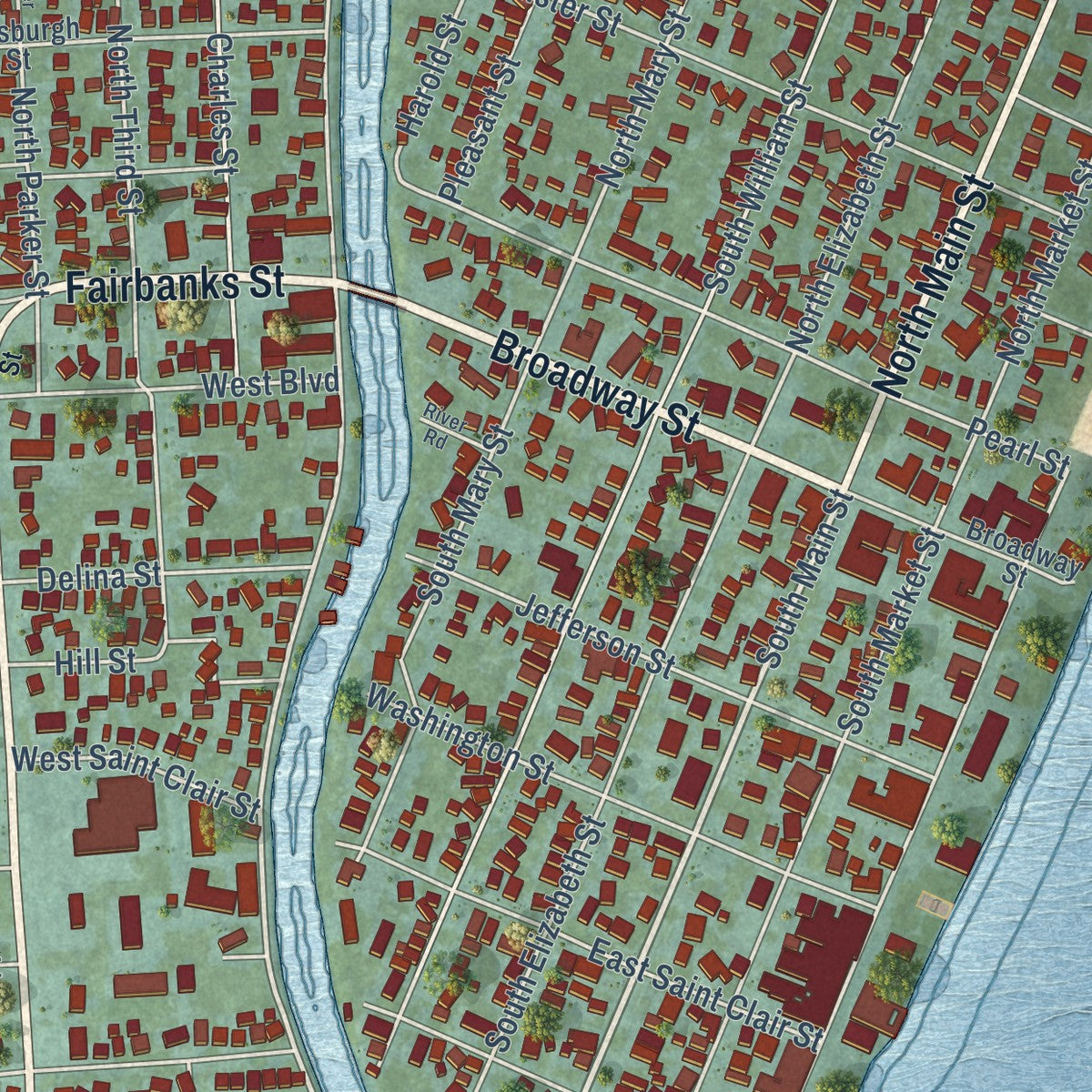 Close-up of the map of Marine City, Michigan print showing street and building detail